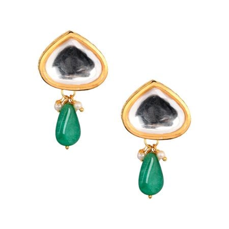 Mirror Triangle Studs with Green Teardrop and Pearl Accents Pair